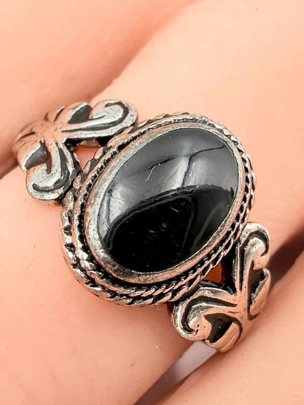 Vintage Victorian Revival Marked Sterling Silver Onyx Scrolls Bohemian Ring Sz 8